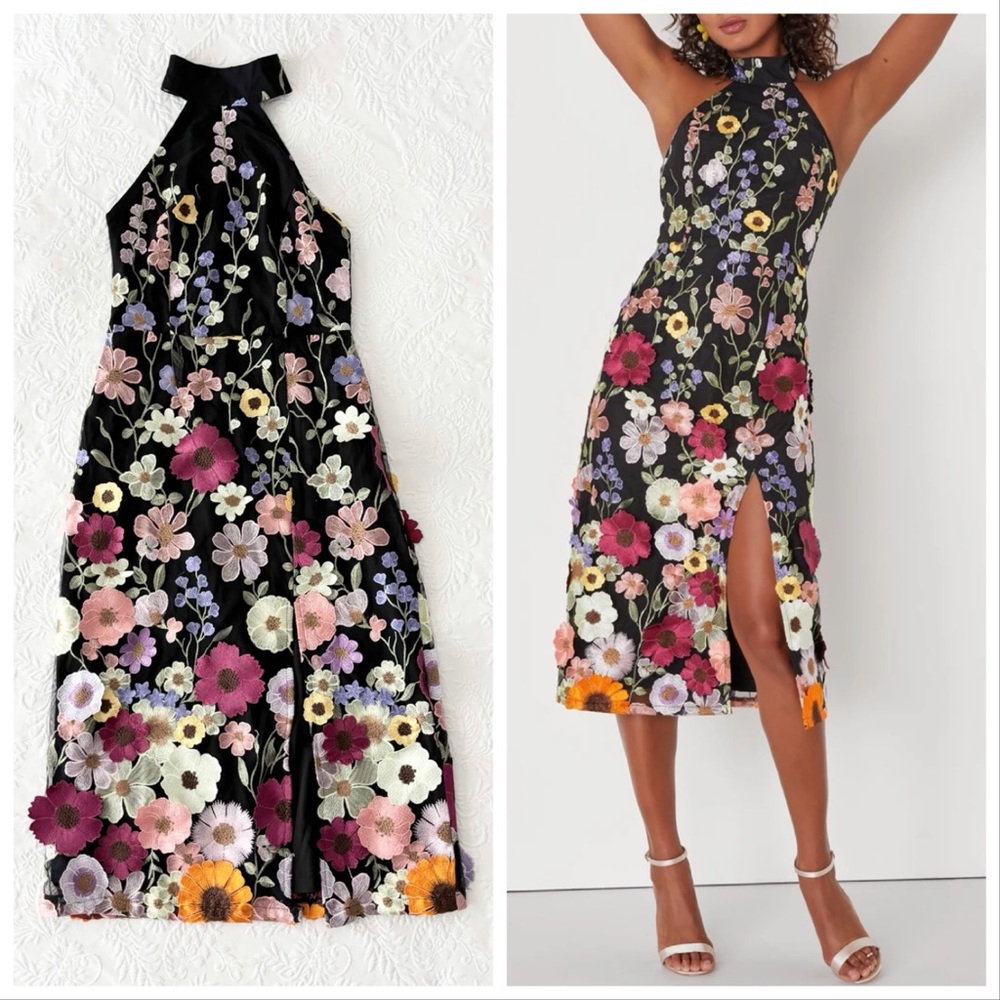NWOT Lulus Unique Impression Black 3D Floral Embroidered Halter Midi Dress